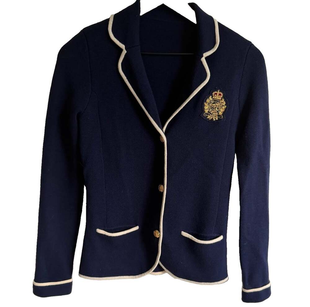 Lauren Ralph Lauren Womens Small (?) Navy Knit Blazer Crest Gold Buttons Piped